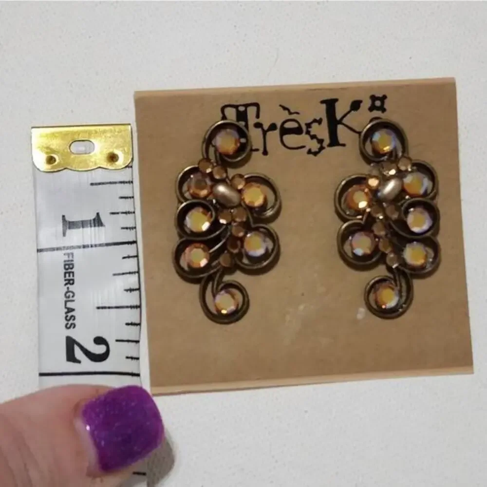 Treska Antique Brass Aurora Borealis Crystal Scroll Post Earrings‎ Iridescent